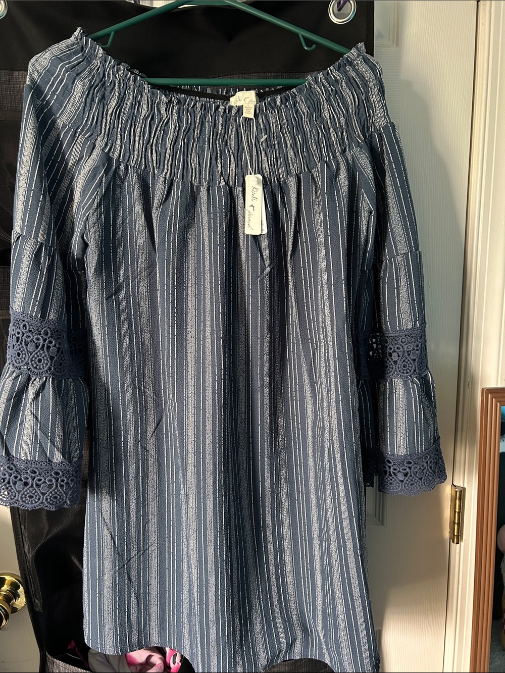 Blue Striped Off-Shoulder Tunic with Crochet Bell Sleeves